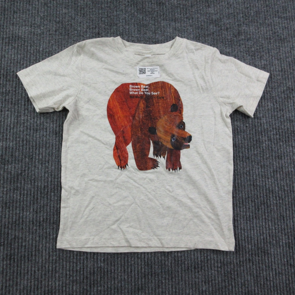 Brown Bear Shirt Unisex Kids 5-6 Off-White 100% Cotton Rabbit Skins Graphic NWT
